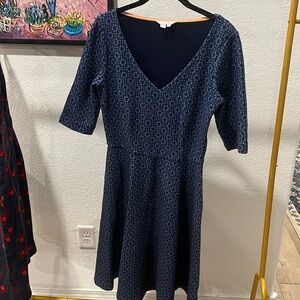 Boden Dress Womens Blue Fit Flare Midi Embroidered Floral Geo Stretch Dress